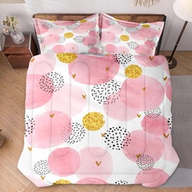 WeCozy Queen Size Comforter Set with 2 Pillowcases, Pink Golden Dot Polka Soft 3 Pcs Bedding for Kids and Adults Bedroom Bed Decor