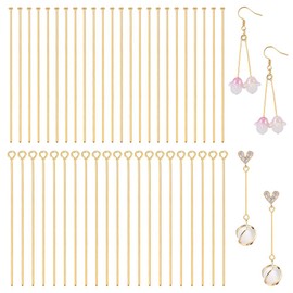PH PandaHall 200pcs 304 Stainless Steel Eye Pins Flat Head Pins, 50mm Gold Loop Head Pins Flat Metal Pins Jewellery Findings Head Pins for Earring Bracelet Necklace Pendant Crafts Making