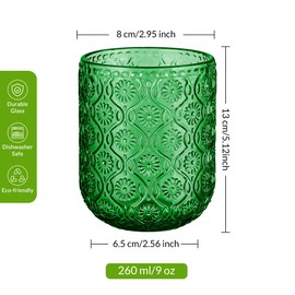 Joeyan Small Drinking Glasses,Vintage Green Embossed Floral Water Glass Tumbler Cups,Colored Beverages Cocktail Juice Wine Glassware,9 oz,Set of 4,Dishwasher Safe
