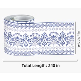 FLFK Mirror Frame Border - Floral Peel and Stick Wall Borders Wallpaper Decal Trim Tape Blue and Light Beige 4" x 240"