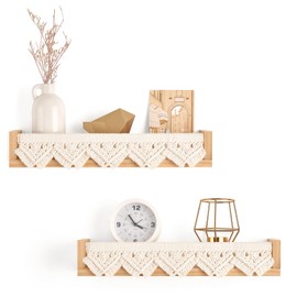 Mkono Macrame Floating Shelves Boho Wall Decor Set of 2 Natural Wood Hanging Storage Shelf for Bedroom Bathroom Living Room Nursery Dorm Room, Display Shelving for Hanging Plants Photos
