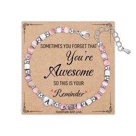 Astellea Pink Zebra Bracelet for Womens Girls, Charm Initial Bracelet Healing Natural Stone Gifts with Card Letter Jewellery for Friend Sister Daughter Mum at Mother's Day Christmas Birthday (A)