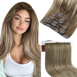 Sunny Hair Remy Clip in Hair Extensions Human Hair For Women Full Head Thick Hair Extensions Clip in Real Hair Chestnut Brown Balayage Platinum Blonde Extensions 7pcs (120g-150g)