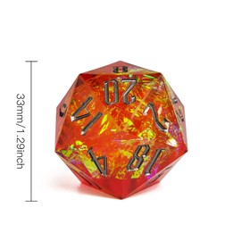 Cusdie 33MM D20 DND Dice with Sharp Edges and Glitter Foil Inclusions, Single 20 Sided D&D Dice, Handcrafted Polyhedral Dice, for Role Playing Game Dungeons and Dragons Gift(Orange)