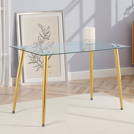 Lyngins Dining Table for 6 Kitchen Table 47.2" Rectangular Modern Glass Dining Table Kitchen & Dining Room Tables with Glass Tabletop and Metal Legs for Dining Room and Kitchen, Champagne