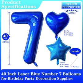 Laser Navy Blue Number 7 Balloons, 40 Inch Giant Blue Number Balloons Nylon Helium Dark Blue Number 7 Balloons for 7th Birthday Party Supplies Anniversary Event Celebration Decorations