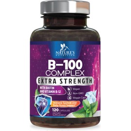Nature's Nutrition B Complex Vitamins Capsules with Vitamins B6 B12 B100 C Biotin Folate & Folic Acid - Supplement for Heart, Brain, & Nerve Support - Super Complete B-Complex for Immune & Energy Support - 120 Capsules