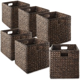 Casafield 13" x 13" Water Hyacinth Storage Baskets, Espresso - Set of 6 Collapsible Cube Organizers, Woven Bins for Bathroom, Bedroom, Laundry, Pantry, Shelves