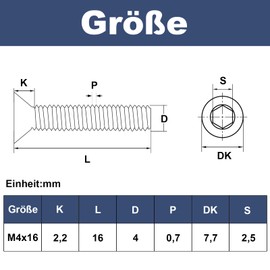 Zuyya Countersunk Screws M4 x 16 mm Hexagon Socket Drive Black Screws Stainless Steel A2 V2A Countersunk Screws Full Thread with Allen Key Pack of 20