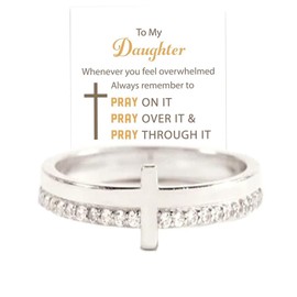 Let Go And Let God Ring , To My Daughter, Pray On It Golden Cross Ring Whenever You Feel Overwhelmed, Always Remember To Stackable Cubic Zirconia Cross Ring Pray Christian Baptism Religious Ring for Women(Silver 10)