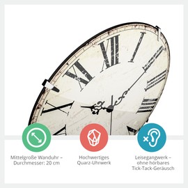 Mebus Vintage Wall Clock with Roman Numerals, No Ticking Noises Thanks to Precise Quartz Movement, Dome Glass Cover, 20 cm, Small, Antique