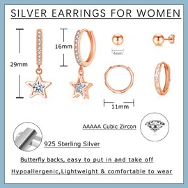 Deyanse Earrings 925 Silver Set, 3 Pairs 925 Sterling Silver Stud Earrings Hoop Earrings Set, Small Ball Stud Earrings Hoop Earrings with Zirconia Star Earrings Hanging Earrings Set for Multiple