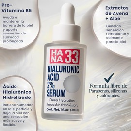 Serum Ácido Hialurónico 2% Hidratación Profunda y Duradera Suaviza Textura y Aporta Apariencia Luminosa Con Aloe Vera, Avena y Pantenol Fórmula sin parabenos, siliconas ni colorantes 30 ml