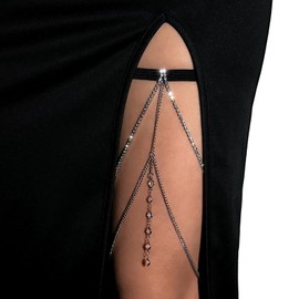 Bohemian Rhinestones Leg Chain Jewelry Crystal Elastic Tassel Thigh Chain Summer Multilayer Thigh Chain Rhinestones Thigh Body Chain Jewelry for Women (Silver)