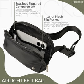 FITKICKS Airlight Belt Bag Lightweight Fanny Pack, Waist Pouch with Adjustable Strap - Black