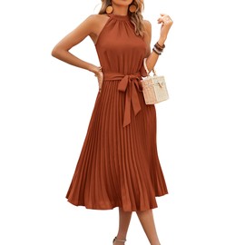 KIRUNDO Women's 2024 Summer Sleeveless Halter Neck Pleated Midi Cocktail Dresses A Line Flowy Beach Sun Dress with Belt(Rust, Small)