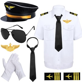 Matiniy Pilot Costume Set Including T-Shirt Pilot Hat Tie Aviator Sunglasses Badge for Adults Aviator Cosplay Dress Up Accessories (Black, 170)