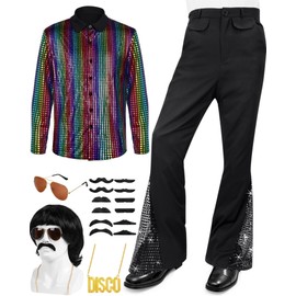 Mepase 70s Disco Outfit Costume Bell Bottom Pants Shirts Wigs Necklace Mustache Disco Party(XS(height40-48 in))