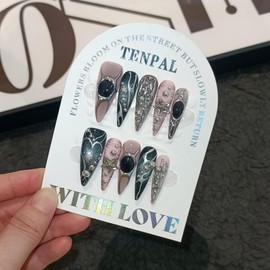 TENPAL Pink Black Press on Nails Long Stiletto,Metal Gothic Fake Nails with Punk Stars Beads,Cat Eye Glitter Edgy Y2K Ins False Nails with Tools,Sweet Grunge Irregular 3D Handmade Nails 10pcs(L)