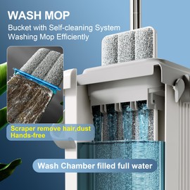 JOYMOOP Mop and Bucket with Wringer Set, Flat Squeeze Mop with Bucket (X-Large), Dust Mop for Wall Cleaner with Long Handle, Microfiber Mop - White Bucket with 5 Reusable 15" Pads