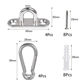 youyiful Pad Eye Ceiling Hook Fixing Hardware Eye Plate Stainless Steel Shade Rectangular Eyepad Corrosion Resistant 0.2 inch (5 mm) Thickness 304 Stainless Steel (4 Pads Eyes+4 Carabiners + Matching