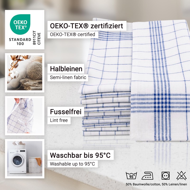 ZOLLNER 5er Set Geschirrtücher, 50x70 cm, Halbleinen, blau weiß