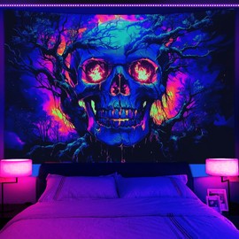 Xiaoput Tapiz de calavera de fuego para recámara, reactivo a los rayos UV, esqueleto, para colgar en la pared, tapices de terror oscuro aterrador que brillan en la oscuridad, para sala de estar,