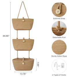TeoKJ Over the Door Hanging Baskets with Wooden Button, 3-Tier Woven Cotton Storage Organizer Bag, Wall-Mounted with Hook Decorative Hanging Nursery Baskets, Jute