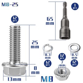 TXXATX Pack of 12 M8 x 25 Hexagon Bolts M6 Screws Set Stainless Steel A2 70 Full Thread Male Hex Flange Nuts Spring Washers Magnets Hex Socket for Construction Machines