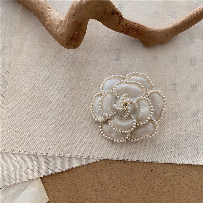 Enamel Camellia Pearl Brooch - Elegant Petal Pin Wedding &
