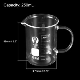 PATIKIL 2Pcs 250ml Glass Beaker with Handle, 3.3 Borosilicate Glass Graduated Printed Scale Measuring Cups with Spout for Kitchen Lab Liquids