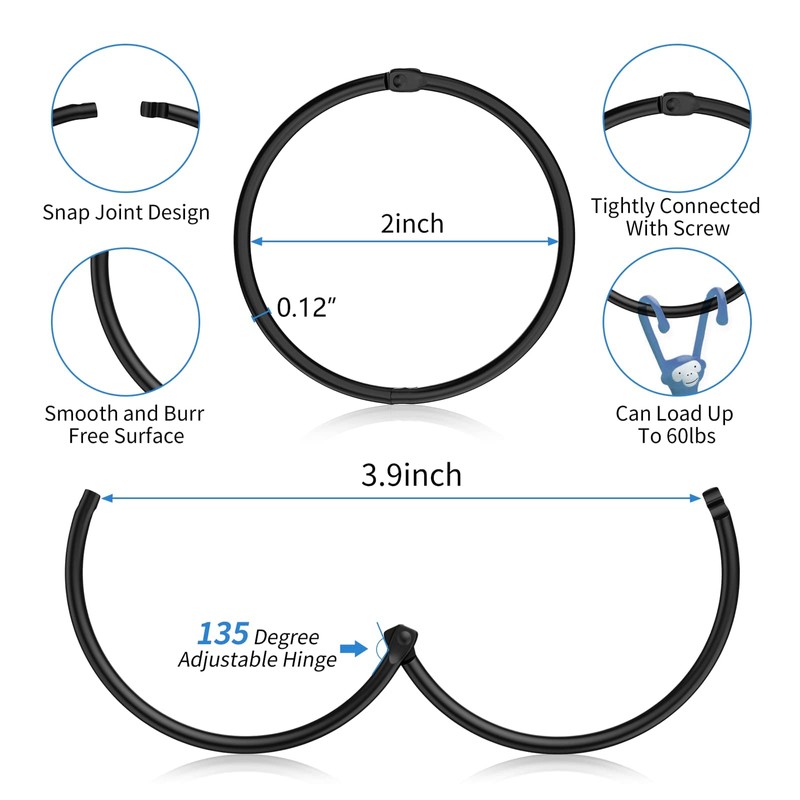 12 Pack Shower Curtain Rings,Black Rustproof Shower Curtain Hooks,Metal Round
