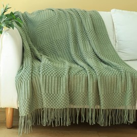 Blagic Knitted Throw Blanket for Couch, Bed and Sofa. Super Soft Blanket with Tassels, Sage Green Throw Blanket, 50 x 60 Inches Lightweight & Cosy Home Decor