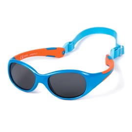 Kiddus One-Piece Sunglasses. For baby boys and girls. Age 0 to 24 months. Safe UV400 sun filter. Adjustable and removable elastic band. Shatter-proof. Allroad - 03 blue and orange