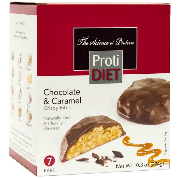 ProtiDiet Protein Crispy Bites - Chocolate & Caramel (7/Box) - High Protein 15g - Low Calorie - Low Sugar