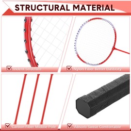 Chitidr 12 Pack Badminton Rackets Set Including Rackets, Nylon Shuttlecocks and Carry Bag for Outdoor Backyard Games Beginners (White-red Cross)