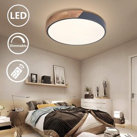 EDISLIVE Ceiling Light Dimmable 19 inch Modern Minimalist LED Round Shaped Wood & Metal & Acrylic Flush Mount Ceiling Light with Remote Control Gray