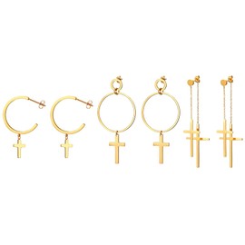 Flongo Set of 6 Men’s / Women’s Hoop Cross Earrings / Stud Earrings / Chain Earrings, Stainless Steel in Silver / Black / Gold, Earrings with Hanging Cross Pendant, Men’s / Women’s Earrings, Stainless Steel