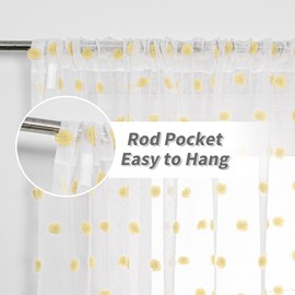 MYSKY HOME Pom Pom Sheer Curtains Rod Pocket Voile Sheer Drapes Window Curtains, 52"W x 72"L (Pack of 2), Yellow Pom Pom, Modern, All Season, Bedroom, Living Room, Nursery Room