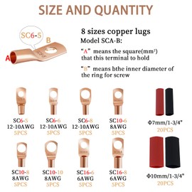 80 Pcs Copper Wire Lugs, Battery Terminal Connectors AWG 8 6 12/10 with Heat Shrink Set, 40 Pcs Heavy Duty Battery Cable Ends Ring Terminals Connectors with 40 Pcs Heat Shrink Tubing Assortment Kit