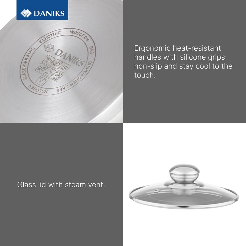 Daniks Classic 11-Piece Stainless Steel Cookware Set with Glass Lids,