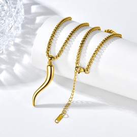 Yaumatea 18K Gold Plated Italian Horn Necklace, 316L Stainless Steel Cornicello Pendant for Men Women, 22"+2" Box Chain Protection Jewelry