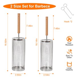Rolling Grill Basket 2 Pack, 304 Stainless Steel BBQ Grilling Cage with Removable Wooden Handles, Locking Design for Vegetables, Shrimp, Fish, Wings and Meat, Outdoor Cooking Accessory for Smoker, Camping and Backyard Barbecue