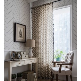 ABREEZE Tree Print Curtains for Bedroom,Black Tassels Window Curtains Boho Cotton Linen Drapes Rod Pocket Design Curtain for Living Room (Beige, 59" W x 94" L,2 Panels)