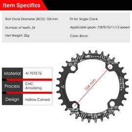 BESNIN Bike Chainring 104 BCD 30T 32T 34T 36T 38T 40T 42T 44T 46T 48T 50T 52T Round Narrow Wide Single Chain Ring for 7 8 9 10 11 12 Speed MTB BMX Road Bike (Black, 34T Round)