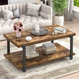 FOLUBAN Modern Coffee Table, Rustic Wood Center Table with Storage for Living Room, Industrial Rectangle 2 Tier Low Cocktail Tea Table, Rustic Brown