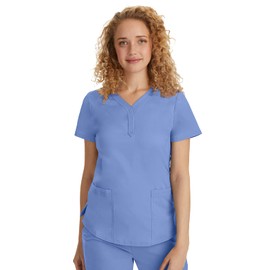 Healing Hands Women's Y-Neck Scrub Top with 2 Pockets, Knit Details, Shirttail Hem, and 2-Way Stretch Fabric 2167, X-Small, Ceil Blue