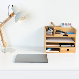 Navaris Bamboo Desk Organizer - Wood Desktop Storage Drawers and Compartments for Organizing Stationery, Documents, Files, Office Accessories