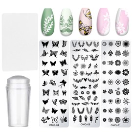 MOLILON 3Pcs Nail Stamp Set - Nail Press Molds, Flower Butterfly Leaf Pattern Nail Art Stamp & Scrapers, French Tip Nail Stamping Template, Nail Stencils for Women DIY Manicure Art Accessories​