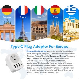 Paquete de 2 adaptadores de enchufe de viaje europeo, adaptador de enchufe de alimentación internacional RATEA con 3 USB tipo A, 1 cargador adaptador de enchufe tipo C para EE.UU. a la mayoría de Europa, UE, España, Italia, Francia, Alemania